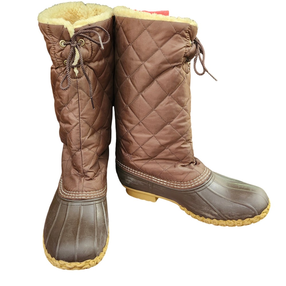 LL Bean Womens Brown Quilted Duck Boots Faux Shearling Lined Size 11 M USA Made